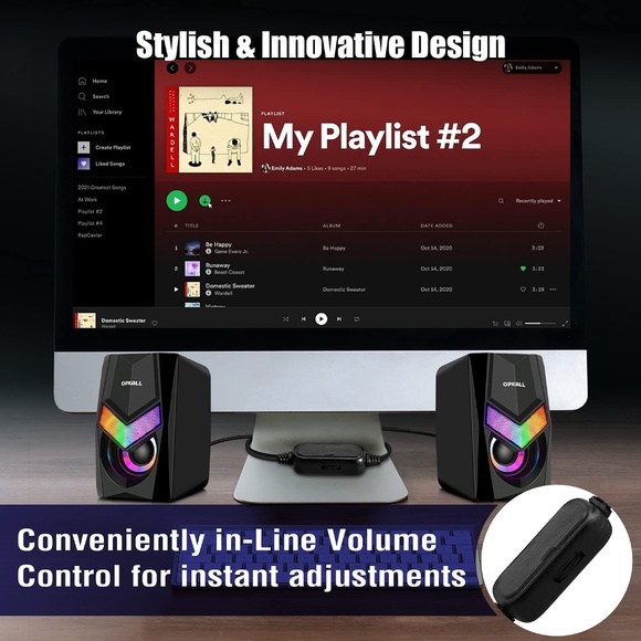 OPKALL Mini Colorful LED Light Computer Speaker, USB, 3.5mm Cable - Picture 5 of 8